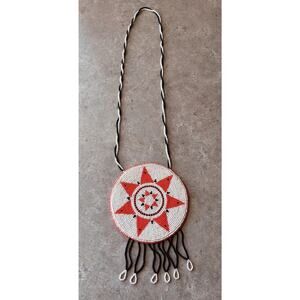 Vintage Handmade Beaded Medallion On Real Leather